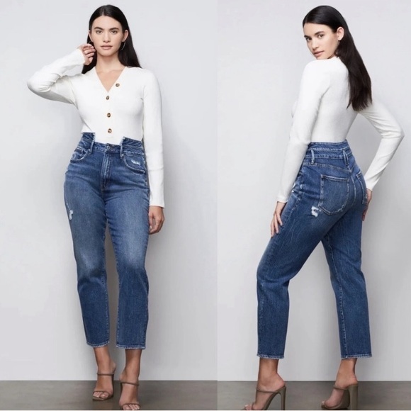 Good American Good Vintage Double Waistband Straight Leg Distressed Jeans 10/30 - Picture 1 of 10